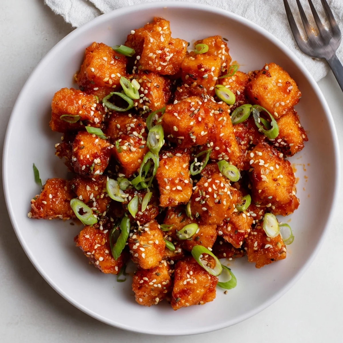 Bang Bang Salmon Bites piled on jasmine rice, sesame seeds and cilantro