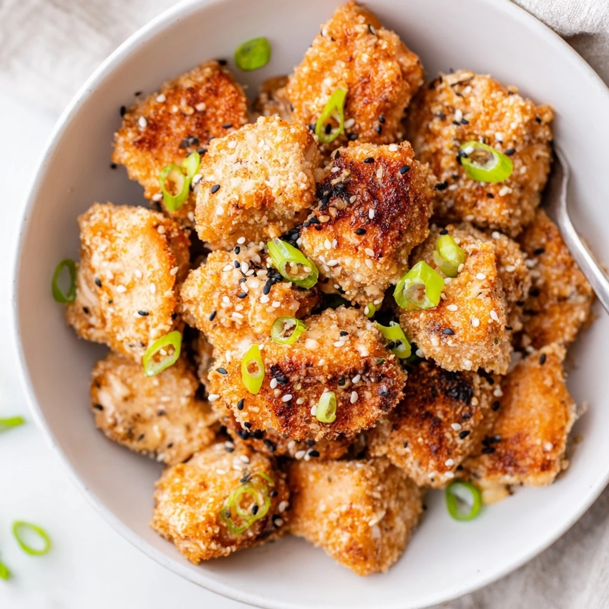 Pan-fried Bang Bang Salmon Bites, golden crust and tangy sauce ready to serve