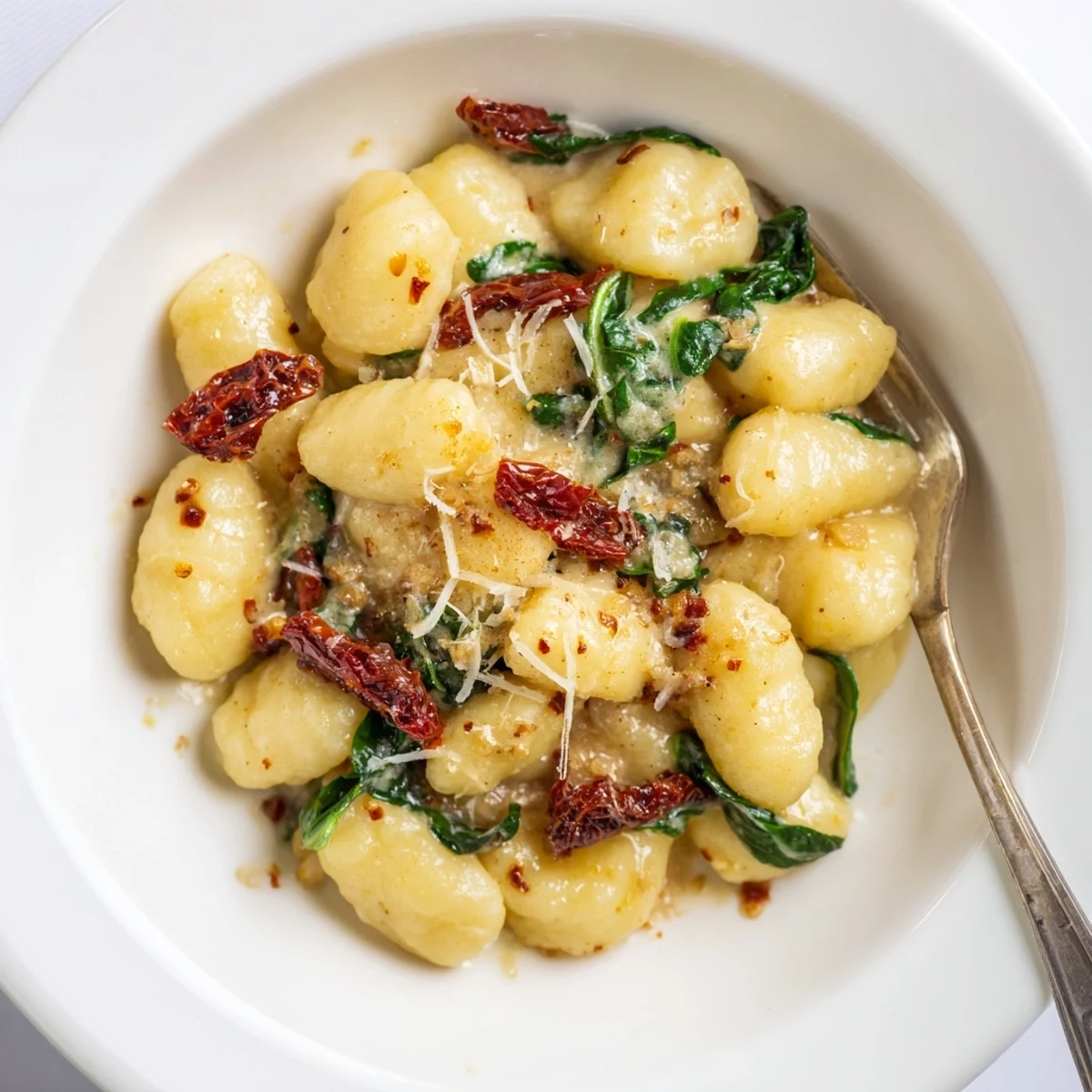 Creamy Marry Me Gnocchi steaming in skillet with basil and sun-dried tomatoes