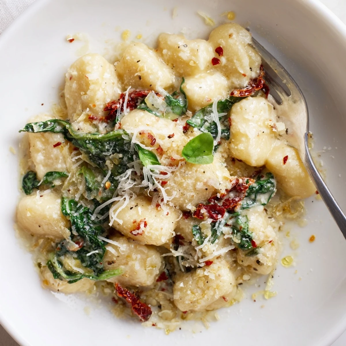 Weeknight Marry Me Gnocchi plated with extra Parmesan and crusty bread