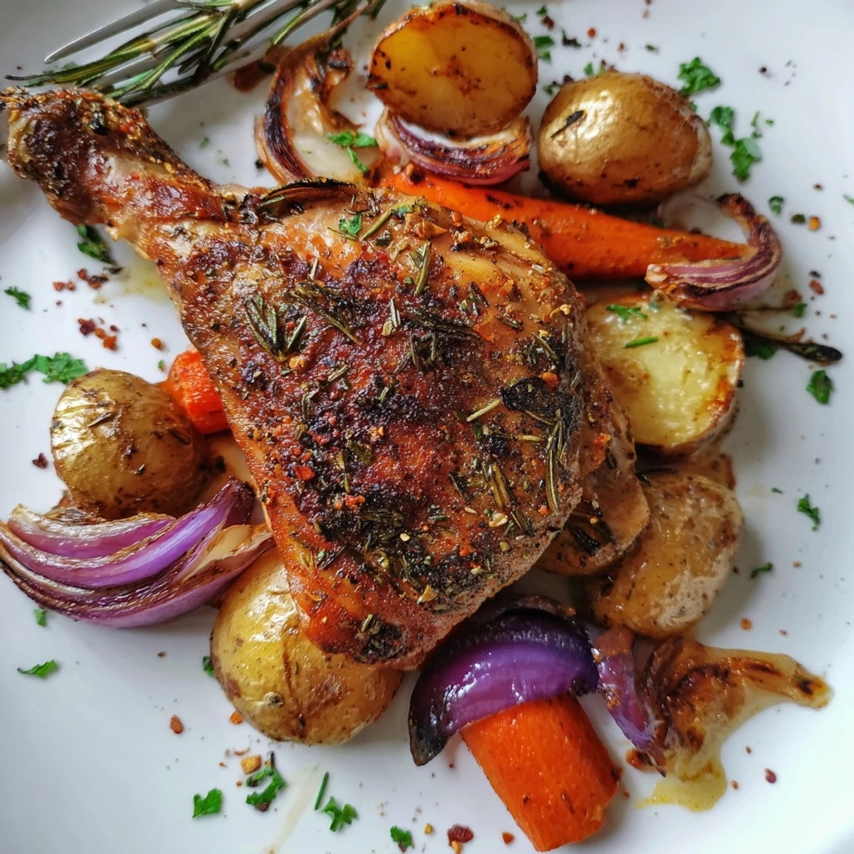 Golden Sheet Pan Chicken And Potatoes, crispy skin, caramelized onions, rosemary.
