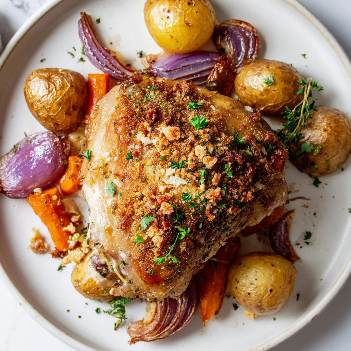 Family-style Sheet Pan Chicken And Potatoes served hot with parsley and crusty bread.