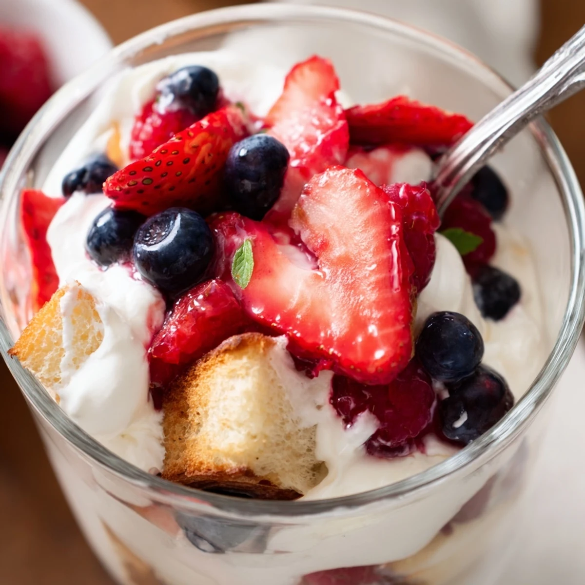 Berry Vanilla Cream Trifle with glossy mixed berries and pillowy sponge layers