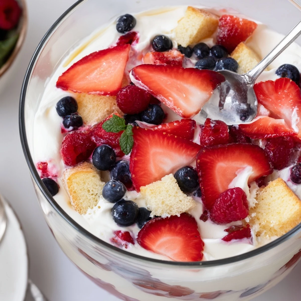 Berry Vanilla Cream Trifle chilled with silky custard and bright berry juices