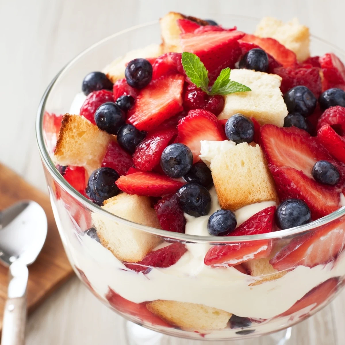 Individual Berry Vanilla Cream Trifle glasses topped with mint, ready to serve