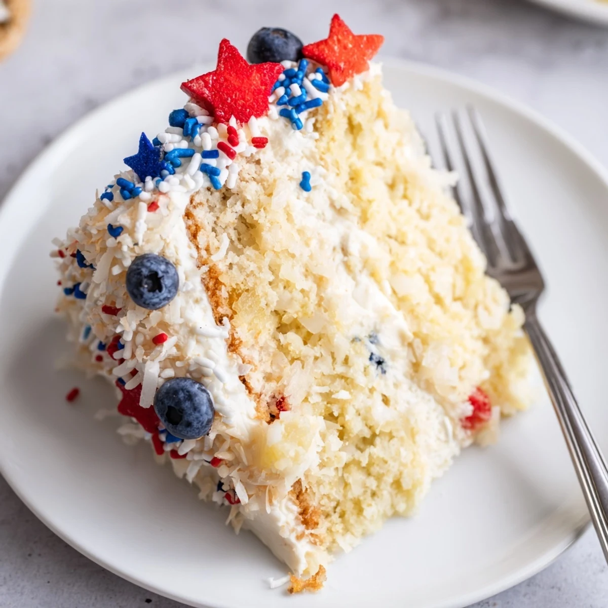 Slice of Pineapple Coconut God Bless America Cake, creamy frosting and toasted coconut