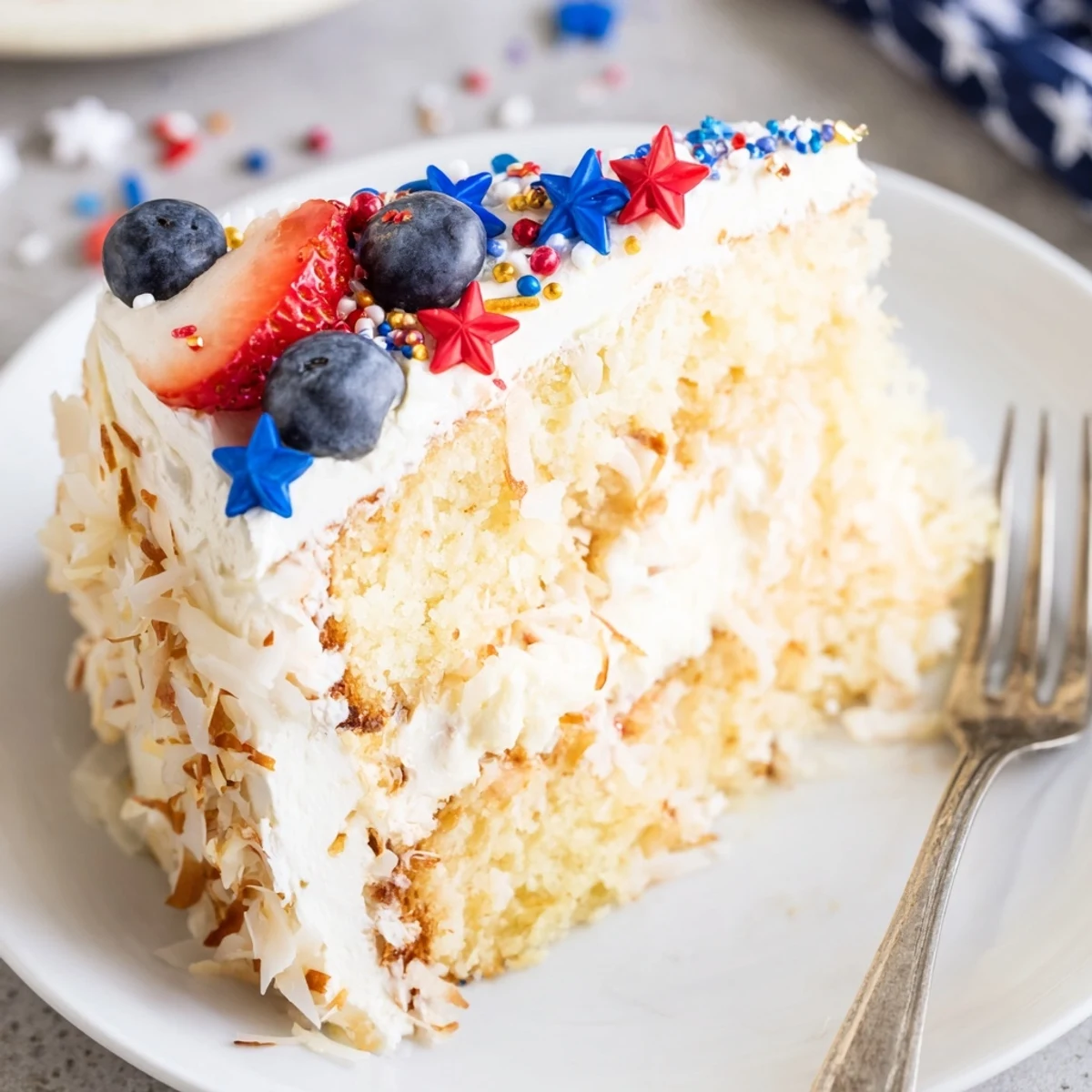 Pineapple Coconut God Bless America Cake on a picnic table, fresh berries