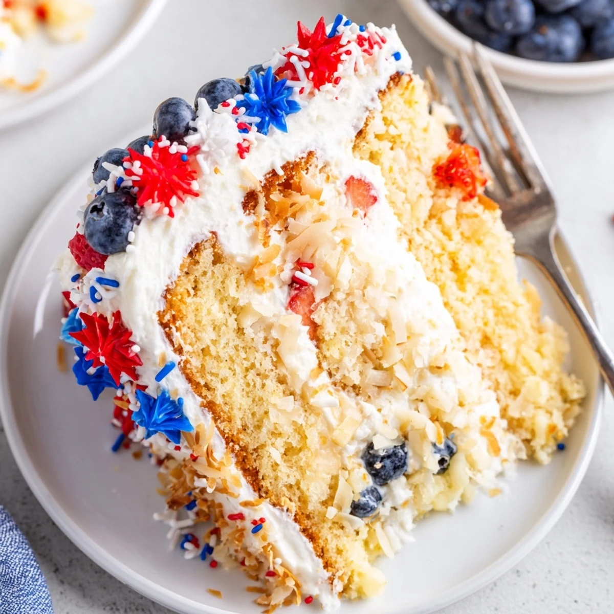 Chilled Pineapple Coconut God Bless America Cake topped with red, white, blue sprinkles