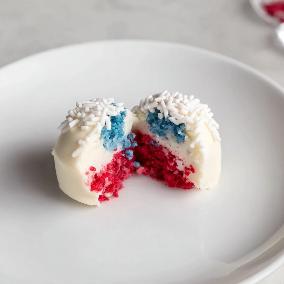 Plated Of July Truffles Creamy And Patriotic, red white blue berry speckled chilled bites