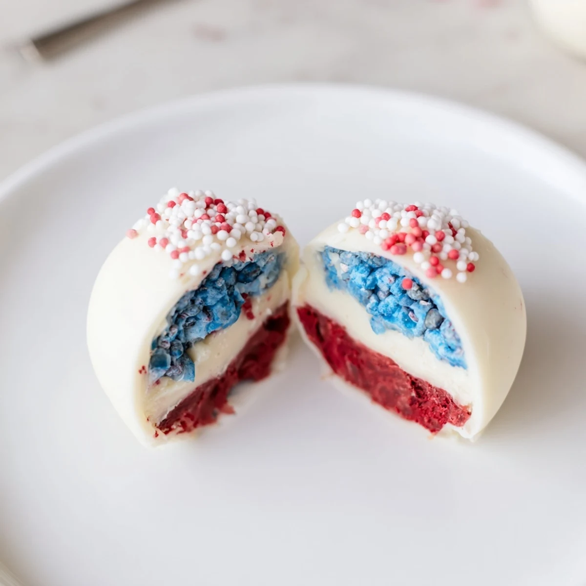 Close up of Of July Truffles Creamy And Patriotic, silky white chocolate centers