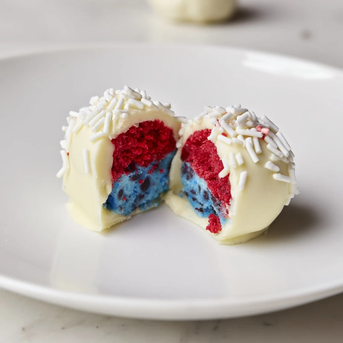 Hand rolled Of July Truffles Creamy And Patriotic on parchment, ready to serve