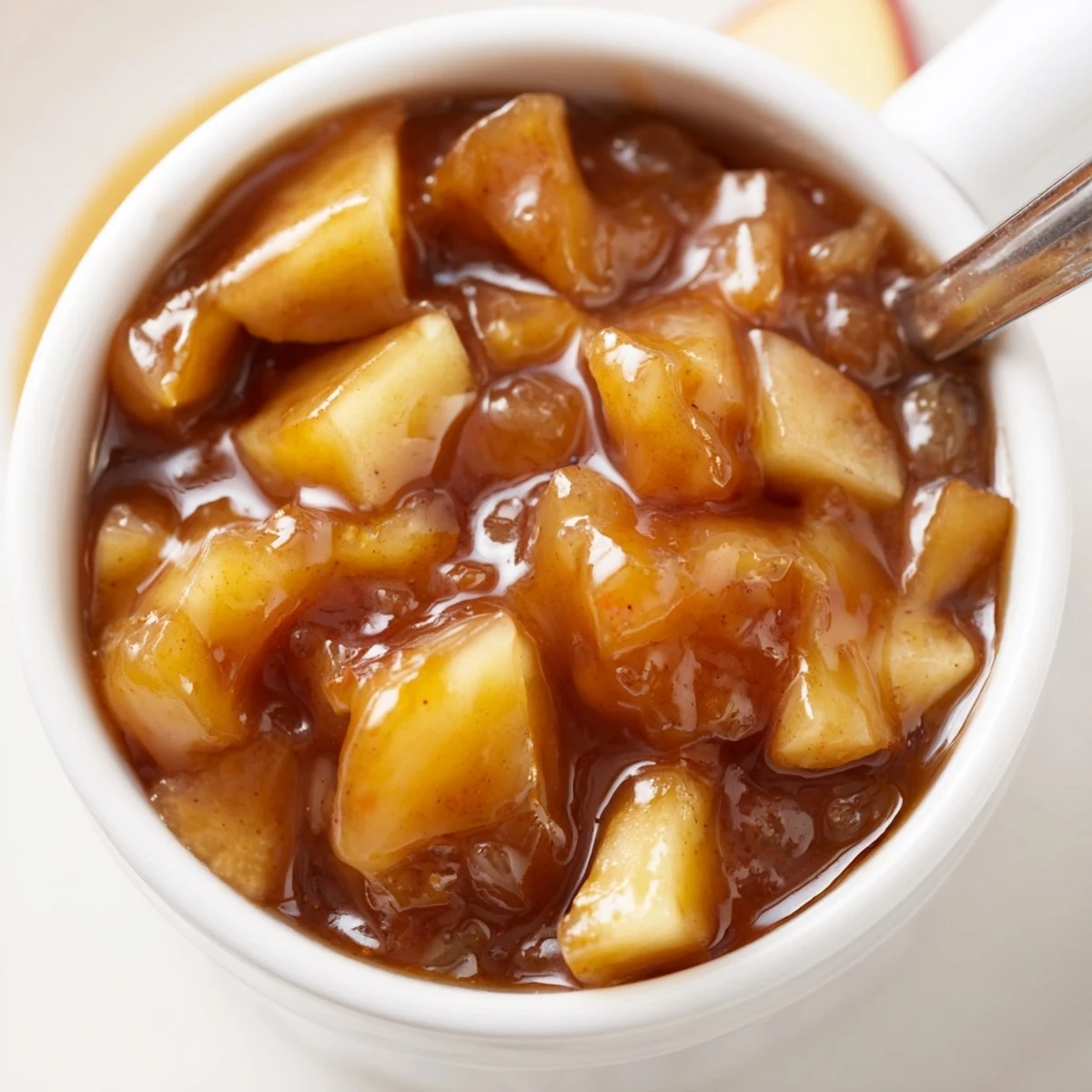 Warm Fall Caramel Apple Jam glistening in jar, spiced aroma rising