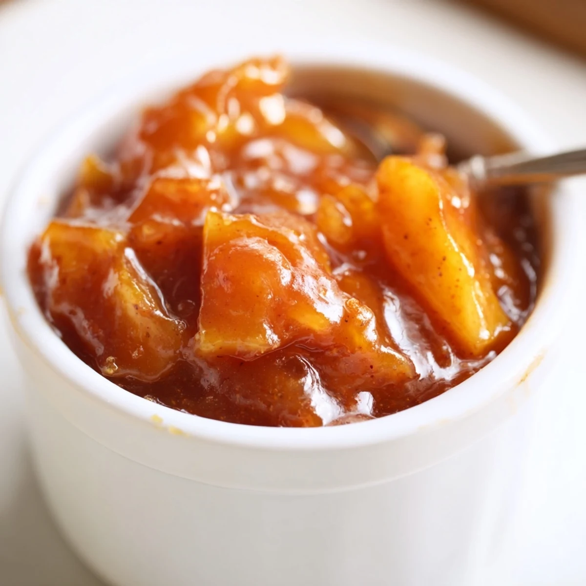 Jar of Fall Caramel Apple Jam spooned over buttered toast, tender chunks