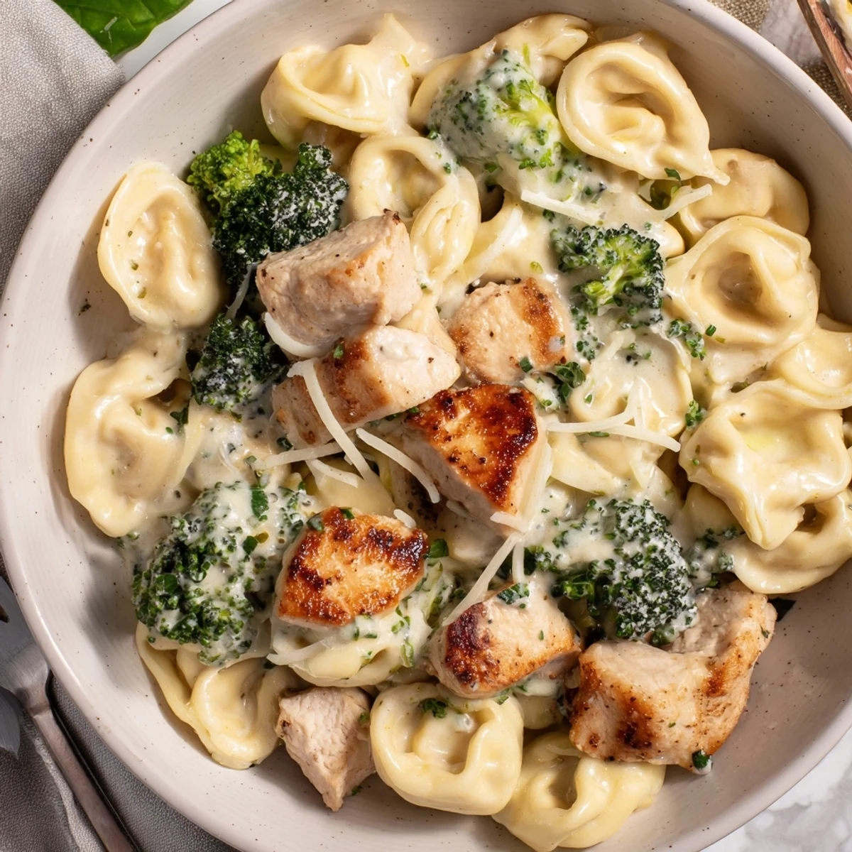 Creamy Garlic Parmesan Tortellini Chicken Broccoli Recipe plated beside crusty bread and extra Parmesan