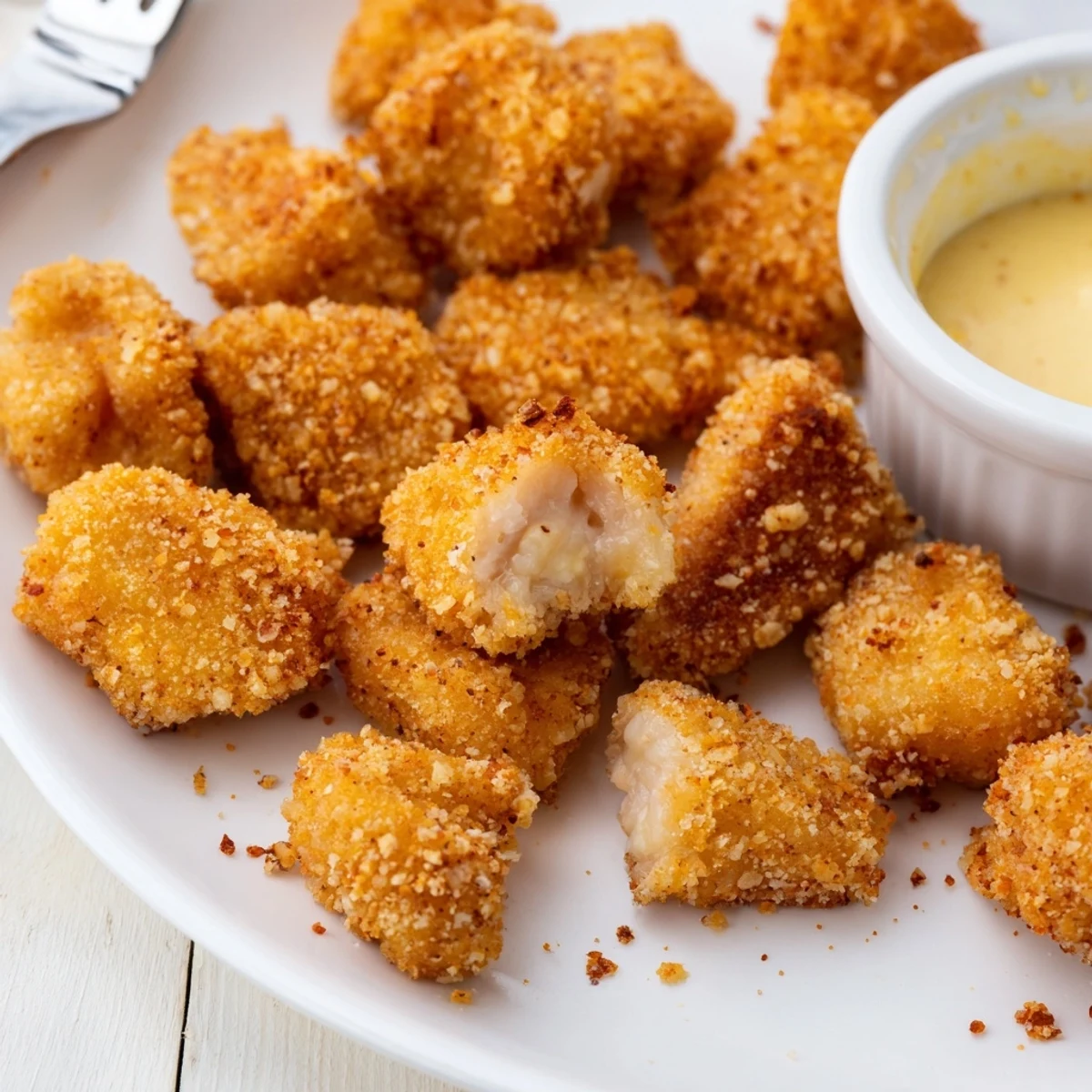 Crispy golden Chicken Bites steaming on a plate, juicy interior, with ranch dipping sauce
