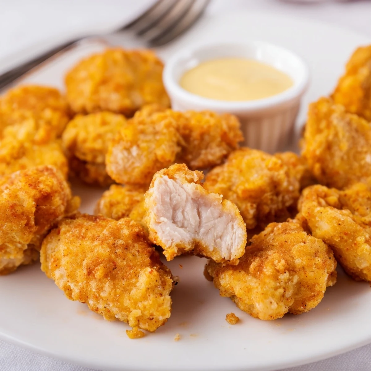 Handheld Chicken Bites fresh from fryer, golden crust, served with honey mustard