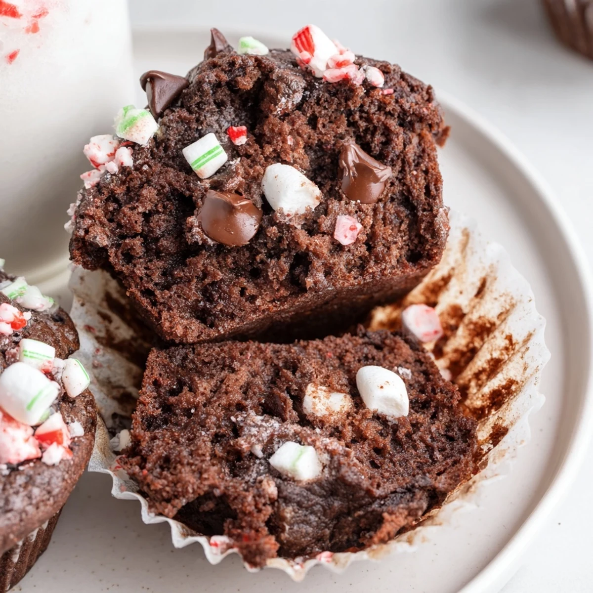 Peppermint Hot Chocolate Muffins steaming on a wire rack, chocolate chips glistening