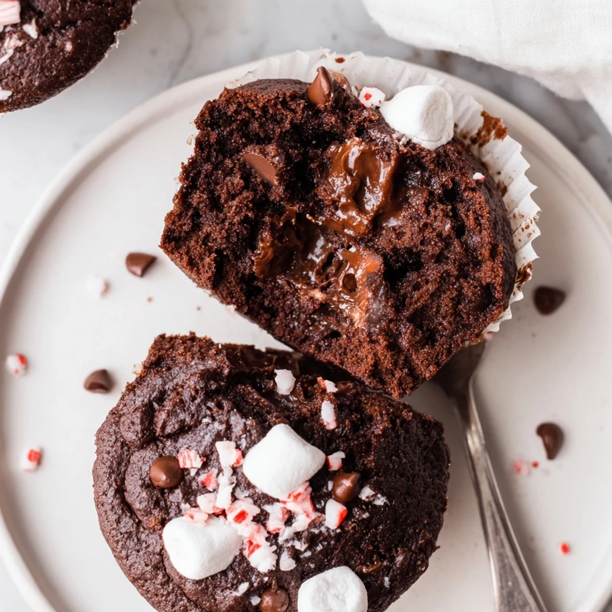 Warm Peppermint Hot Chocolate Muffins topped with crushed candy and gooey marshmallow