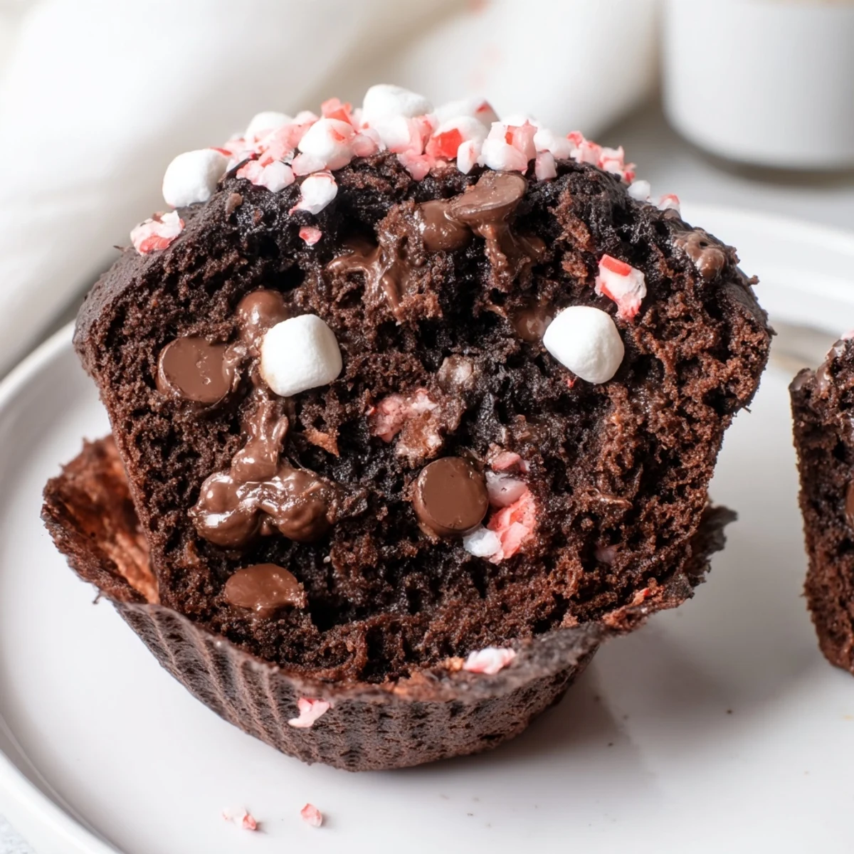 Close-up of Peppermint Hot Chocolate Muffins showing moist crumb and melting chips