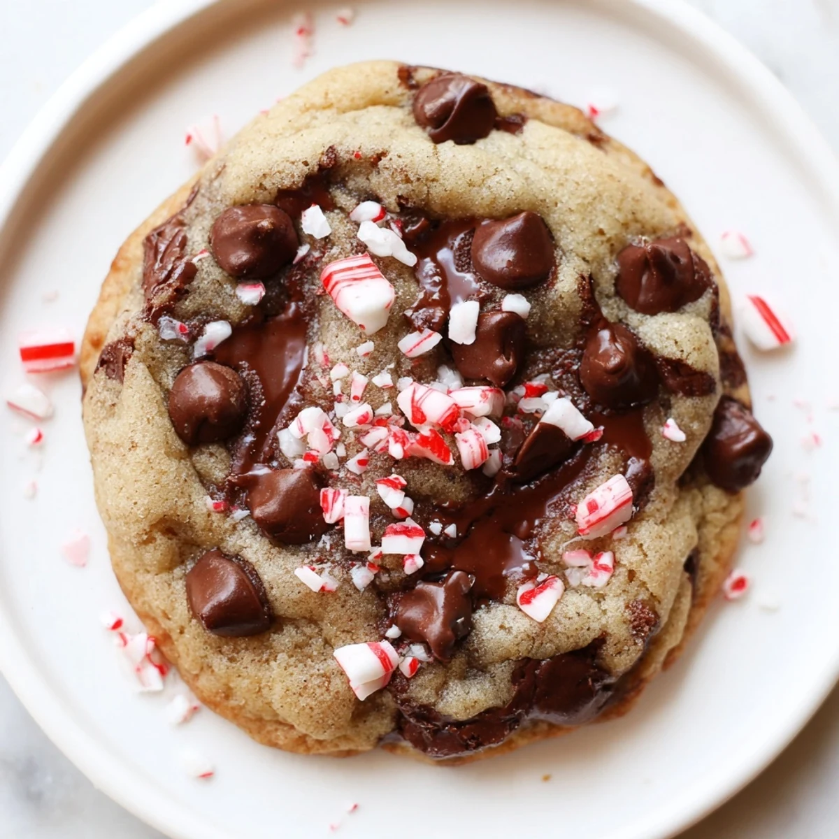 Peppermint Chocolate Chip Cookies cooling on a rack, glossy chips and crushed candy