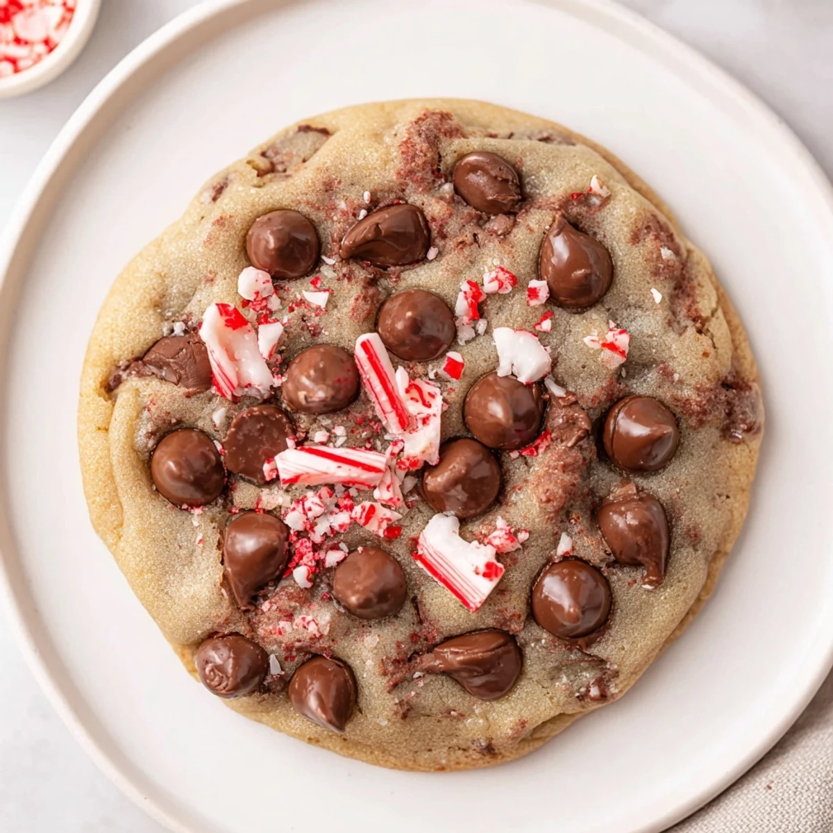 Stack of Peppermint Chocolate Chip Cookies beside a steaming mug of cocoa