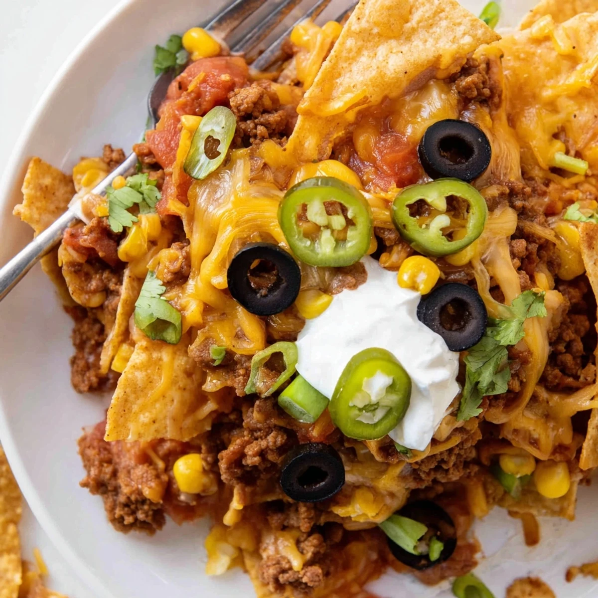 Cheesy Nacho Casserole glowing golden with melted cheddar, crunchy chips peeking