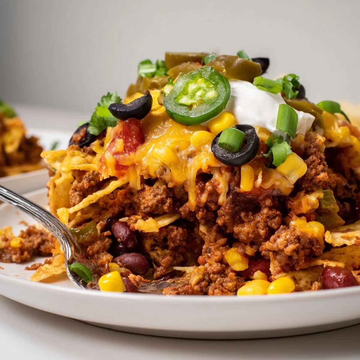 Slice of Cheesy Nacho Casserole on plate, sour cream and cilantro