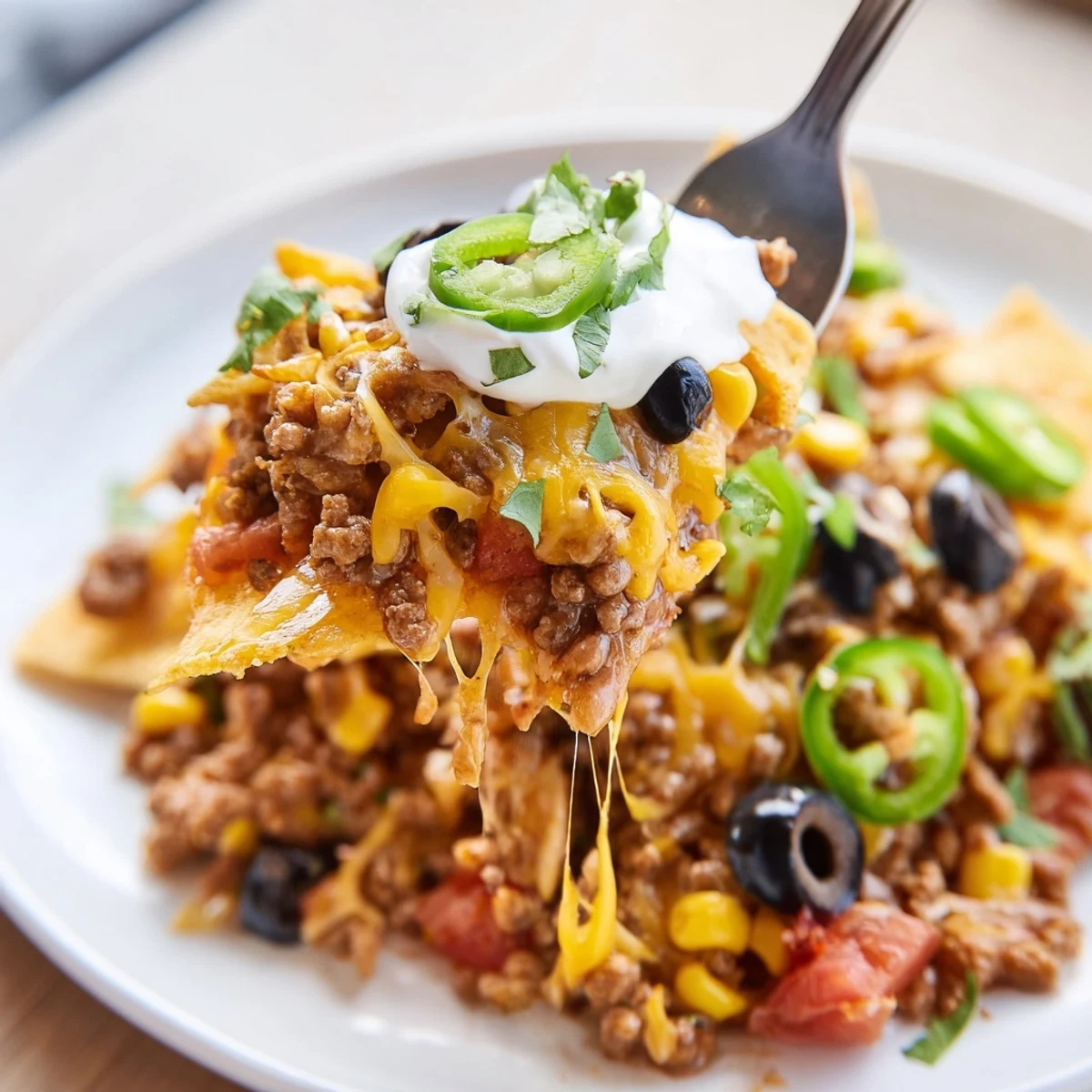 Family-style Cheesy Nacho Casserole straight from oven, bubbling cheese and jalapeños