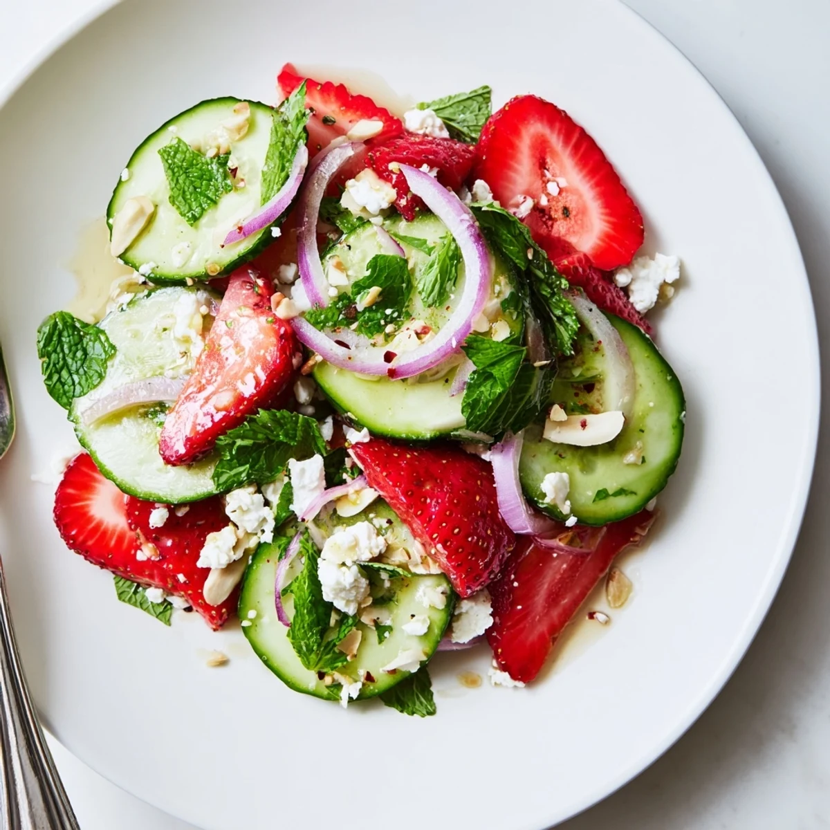 Cucumber Strawberry Salad Recipe with crisp cucumbers, juicy strawberries, fresh mint.