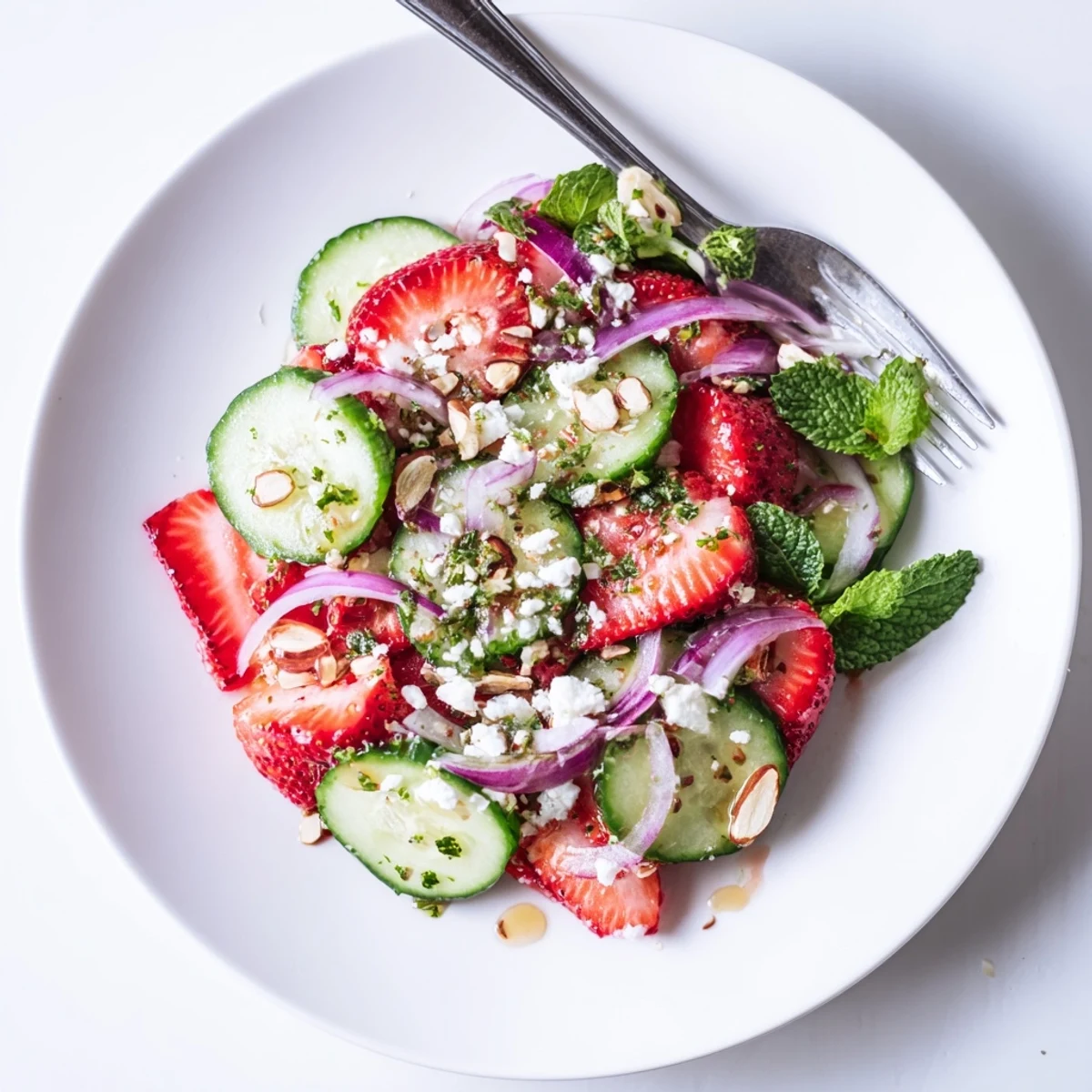 Summer lunch-ready plate: Cucumber Strawberry Salad Recipe drizzled with honey-balsamic.