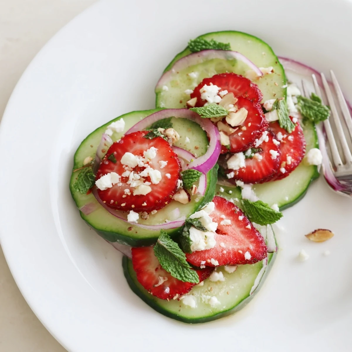 Bright bowl of cucumbers and berries in chilled Cucumber Strawberry Salad Recipe.