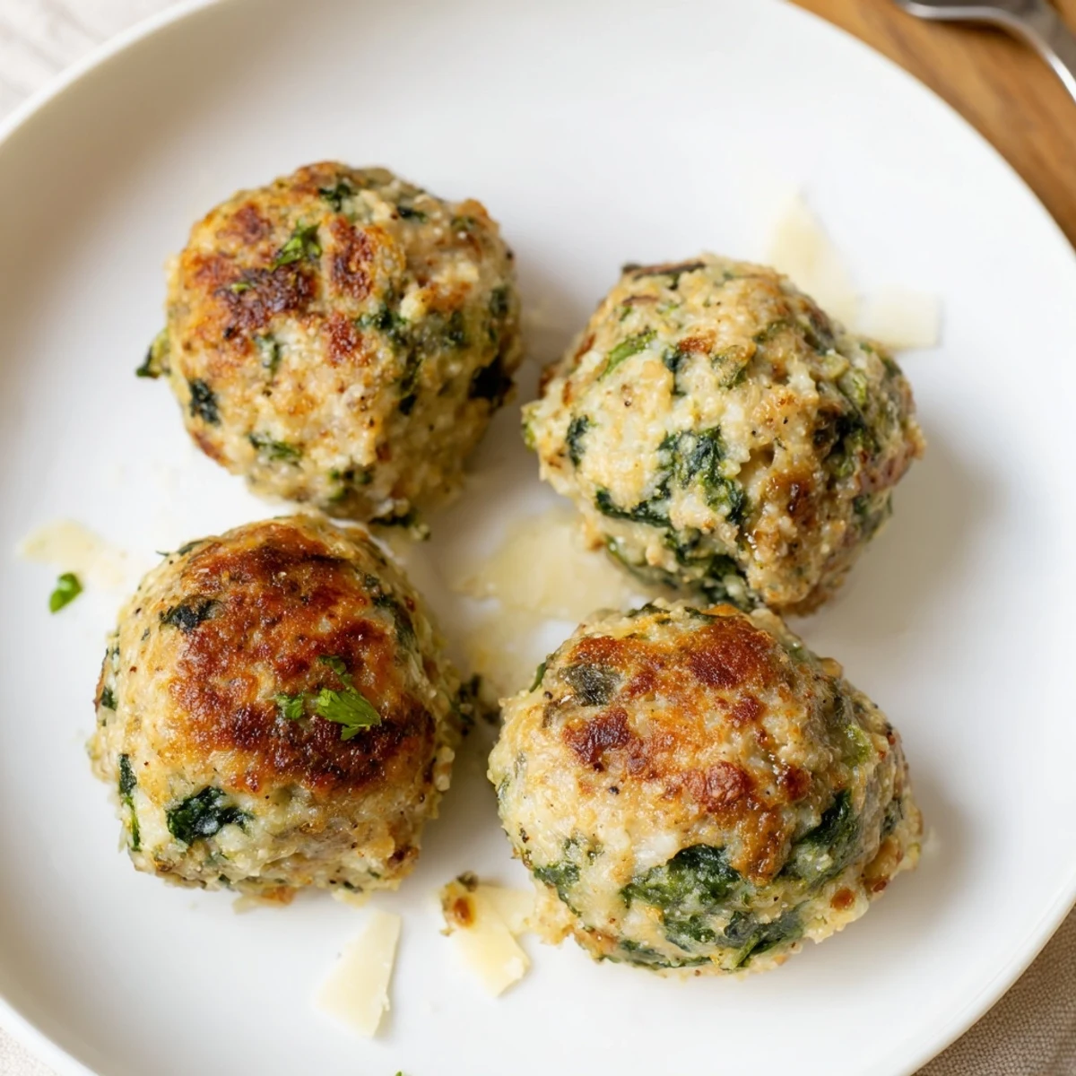 Low Carb Spinach Chicken Meatballs glistening golden, served over cauliflower rice  