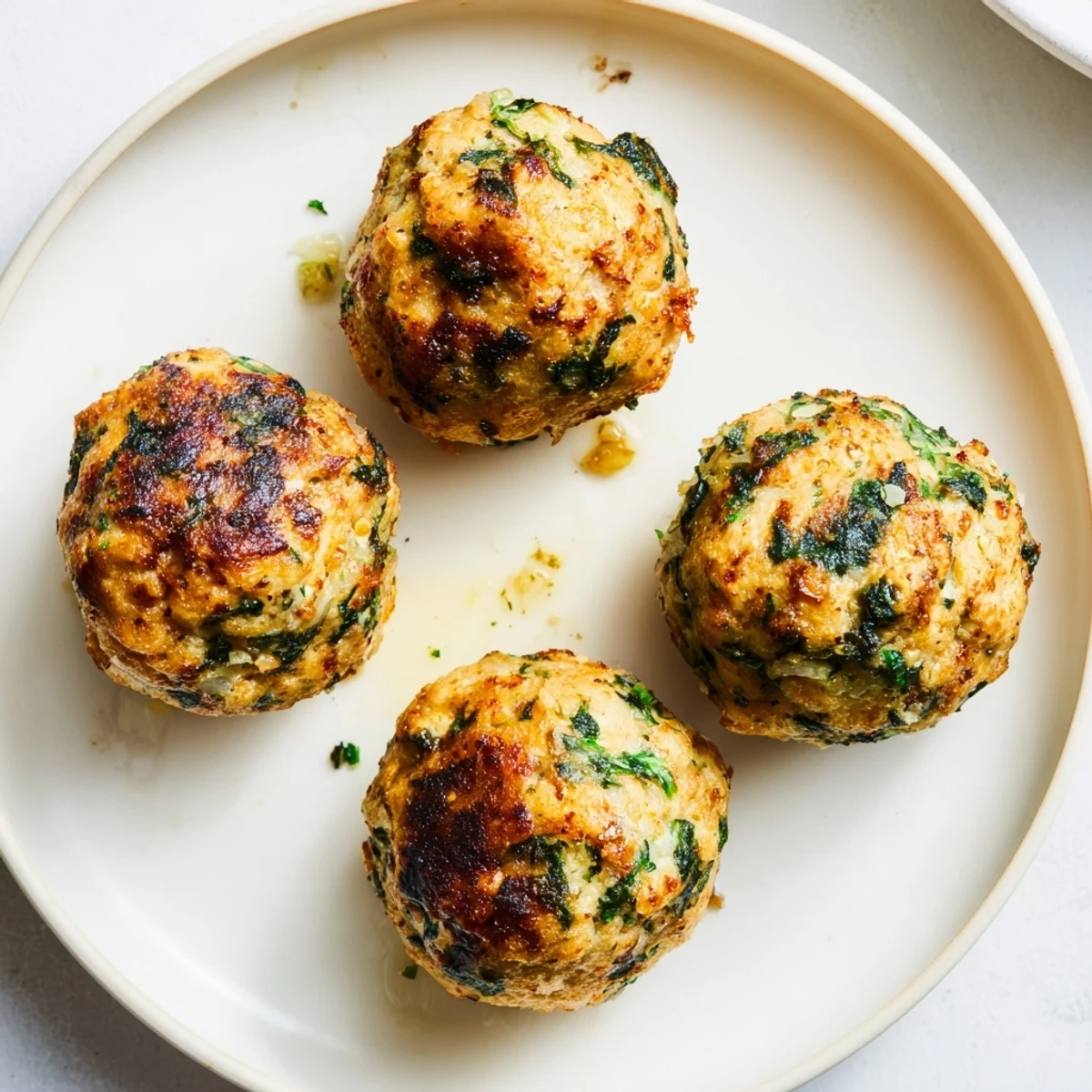 Low Carb Spinach Chicken Meatballs resting on marinara, tender, herb-speckled bites
