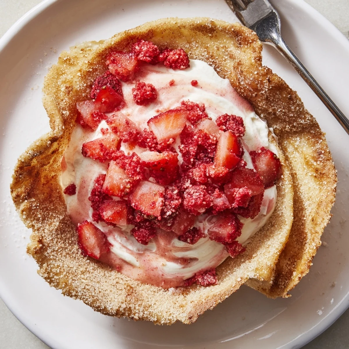 Strawberry Crunch Cheesecake Tacos with creamy filling and crisp cinnamon-coated shells