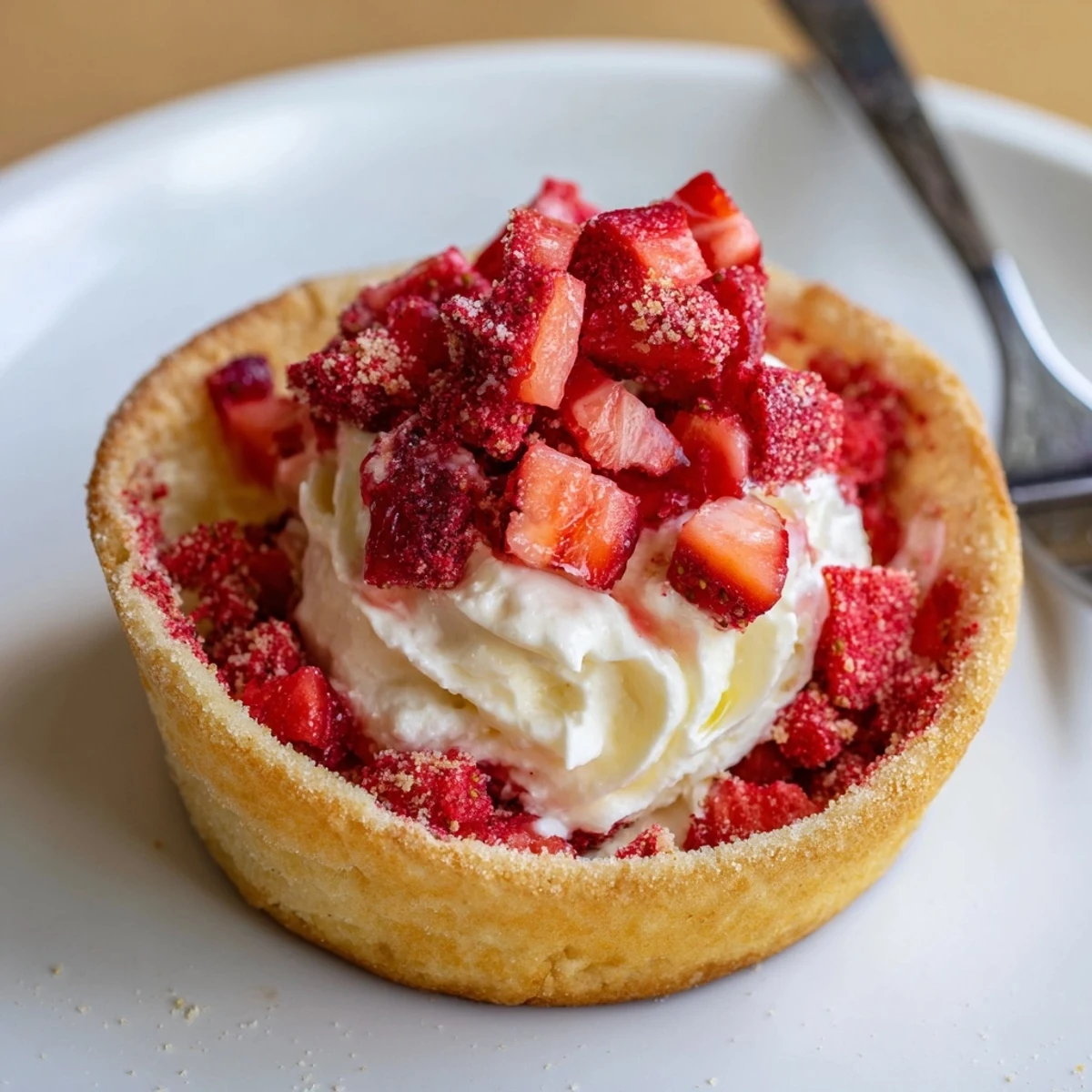 Plated Strawberry Crunch Cheesecake Tacos topped with diced strawberries and extra crunch