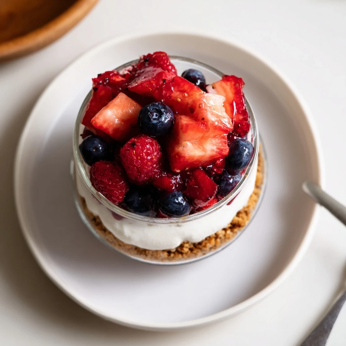 Mini Berry No Bake Cheesecakes on a biscuit base, creamy and tangy