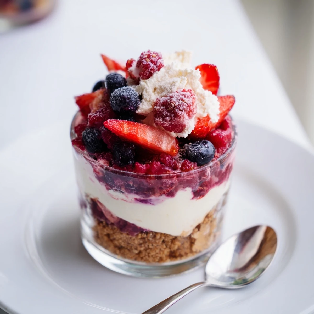 Berry No Bake Cheesecakes layered with glossy mixed berries, chilled in glasses