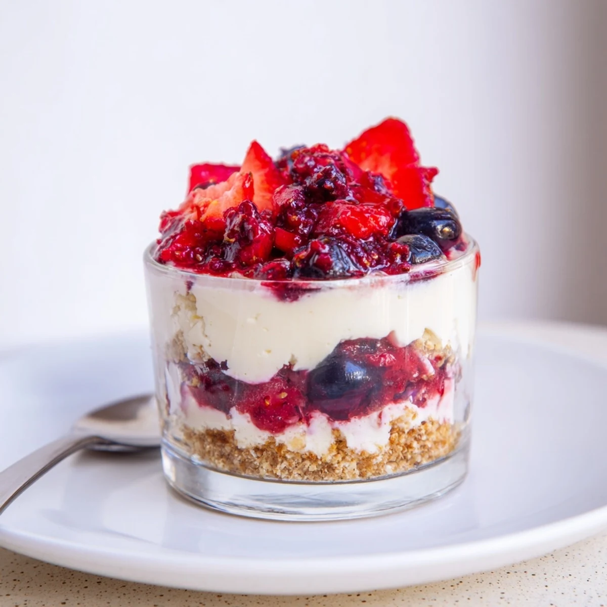 Spoon-ready Berry No Bake Cheesecakes topped with juicy compote and lemon zest
