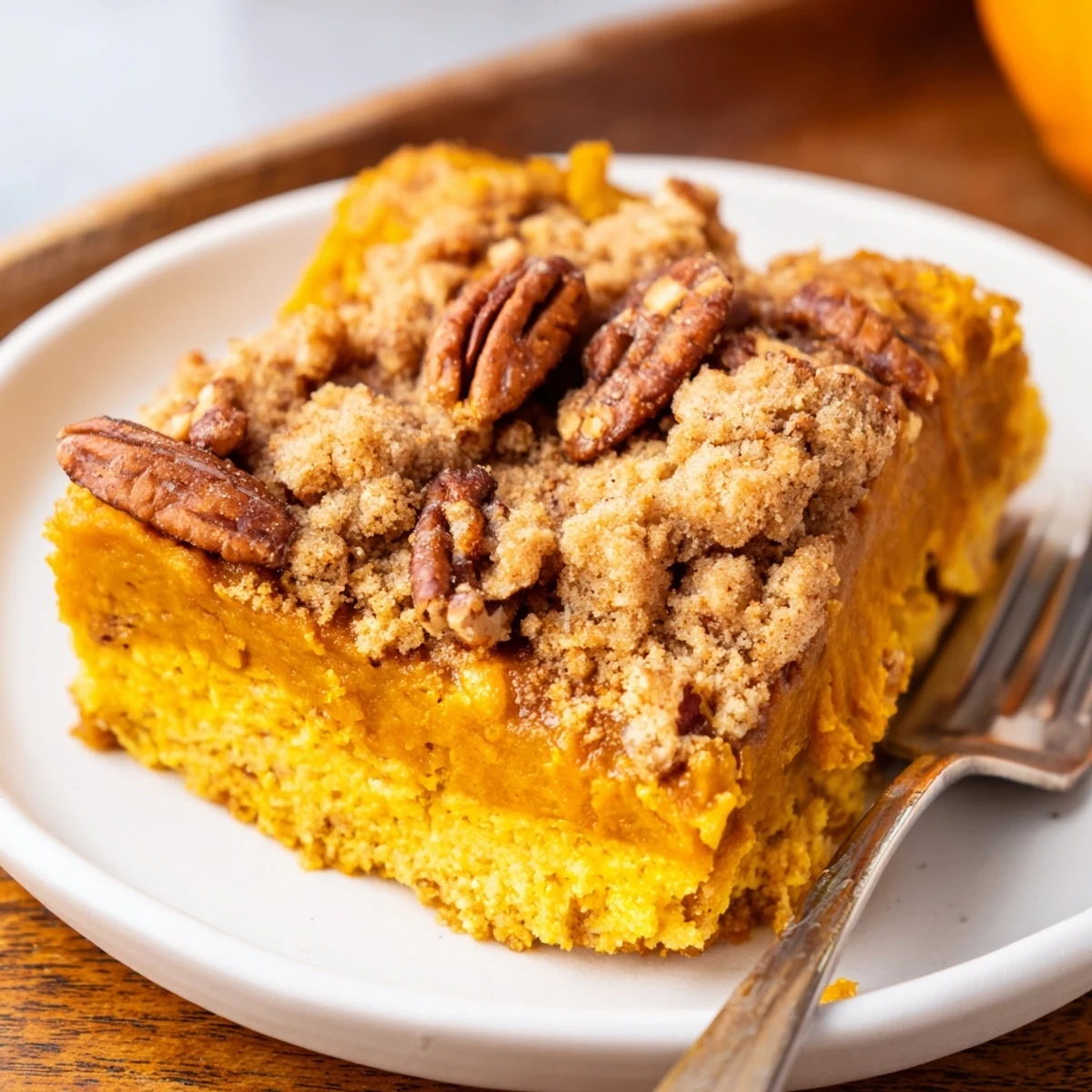 Pumpkin Dump Cake with golden pecan crust, warm spiced pumpkin center