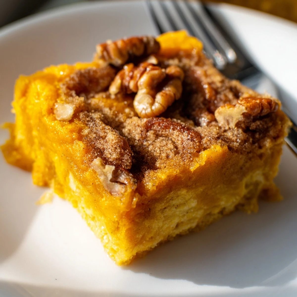 Sliced Pumpkin Dump Cake served warm with melting vanilla ice cream