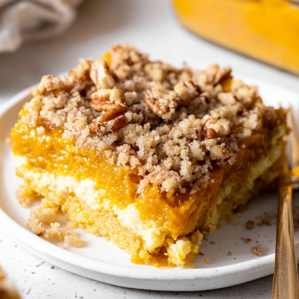 Pumpkin Dump Cake cooling in pan, melted butter sheen and crunchy topping