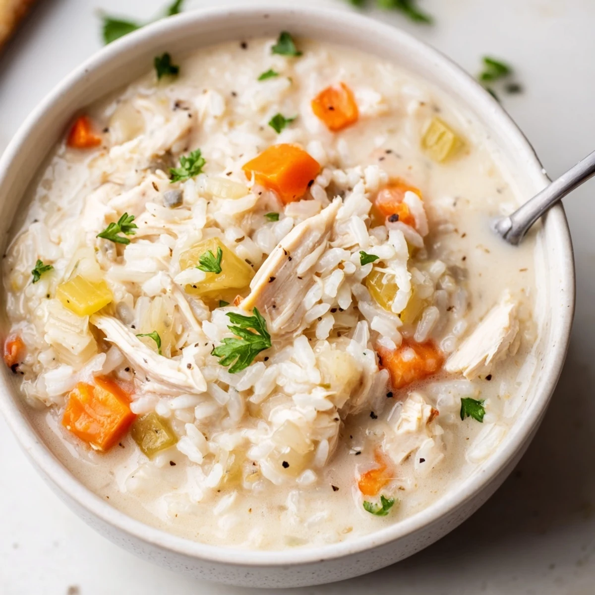 Warm Creamy Chicken Rice Soup with diced carrots, fresh parsley garnish  