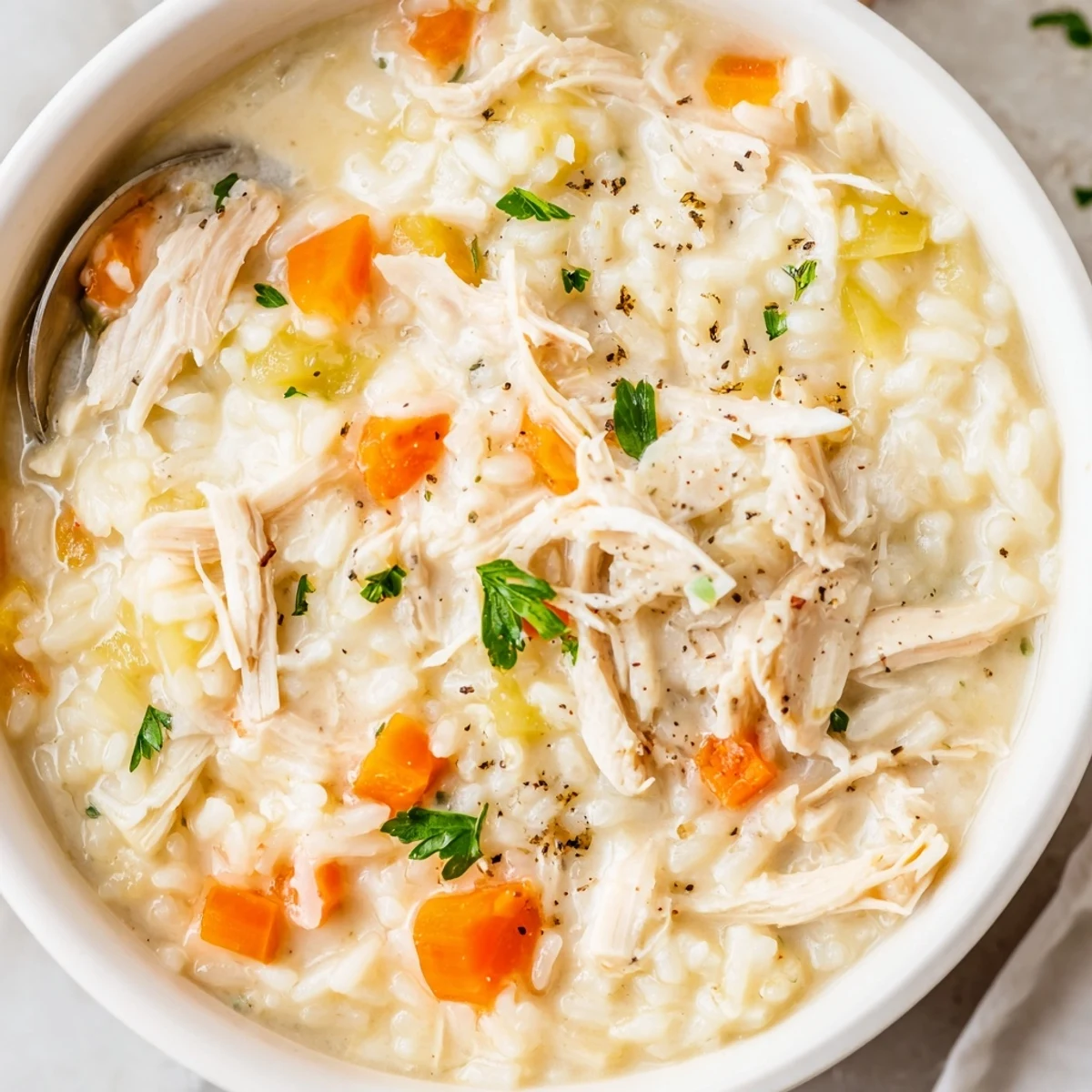 Creamy Chicken Rice Soup steaming in bowl, tender chicken and silky broth  