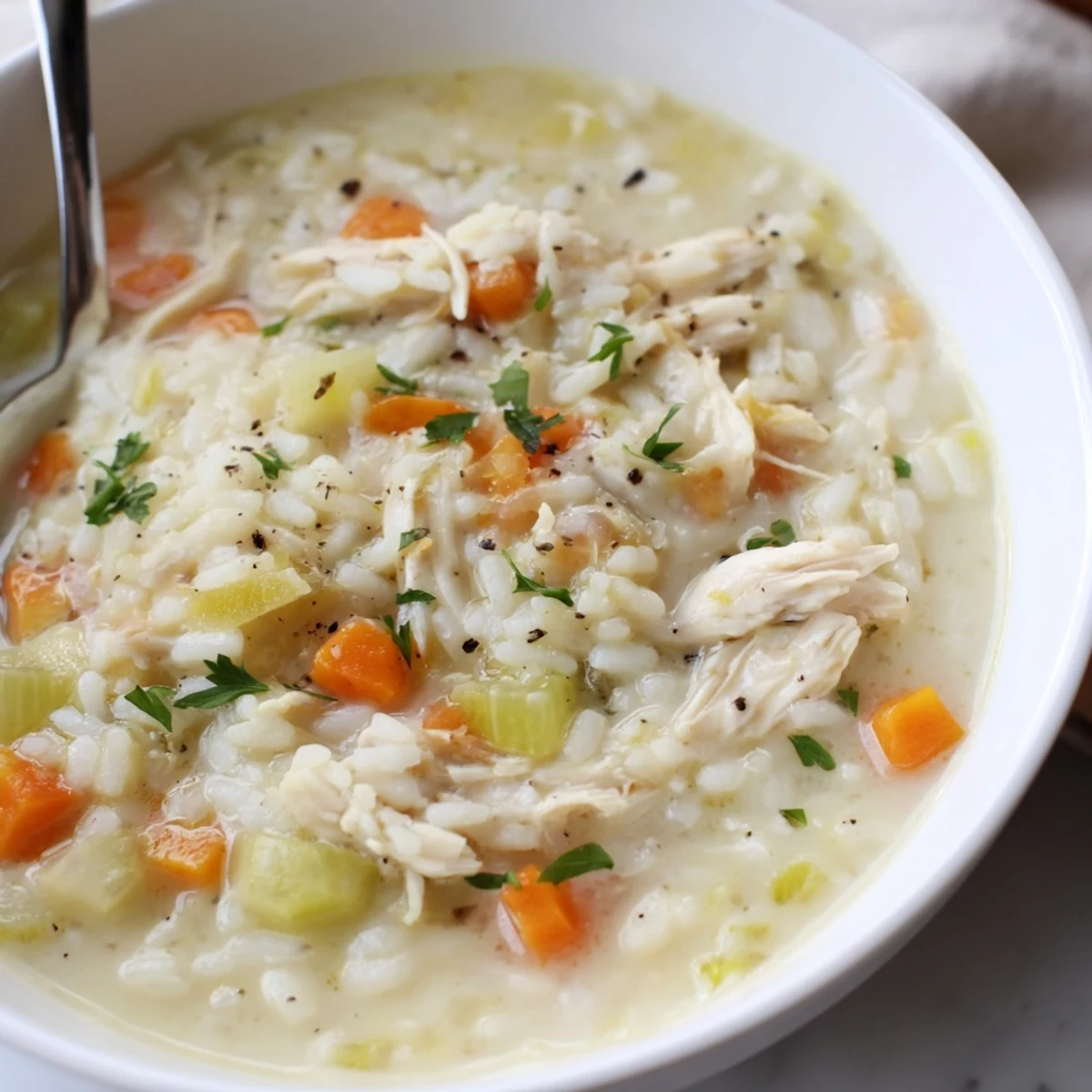 Bowl of Creamy Chicken Rice Soup paired with crusty bread for comfort