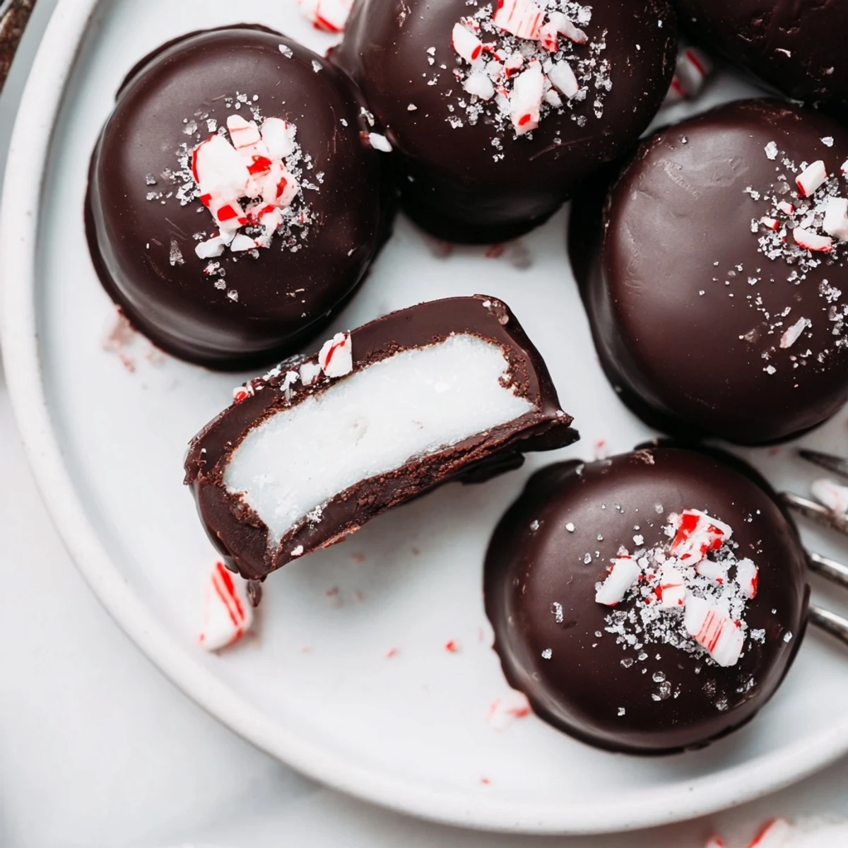 Peppermint Patties with glossy dark chocolate coating, cool mint center, chilled.