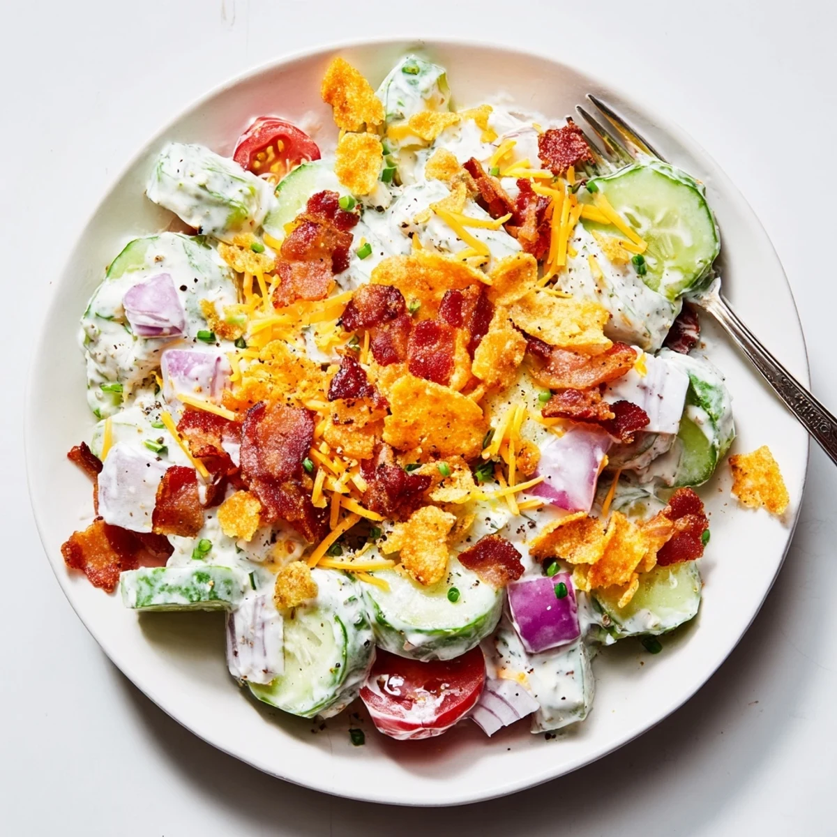 Cucumber Ranch Crack Salad Recipe Delight with crunchy bacon, cheddar, and chips.
