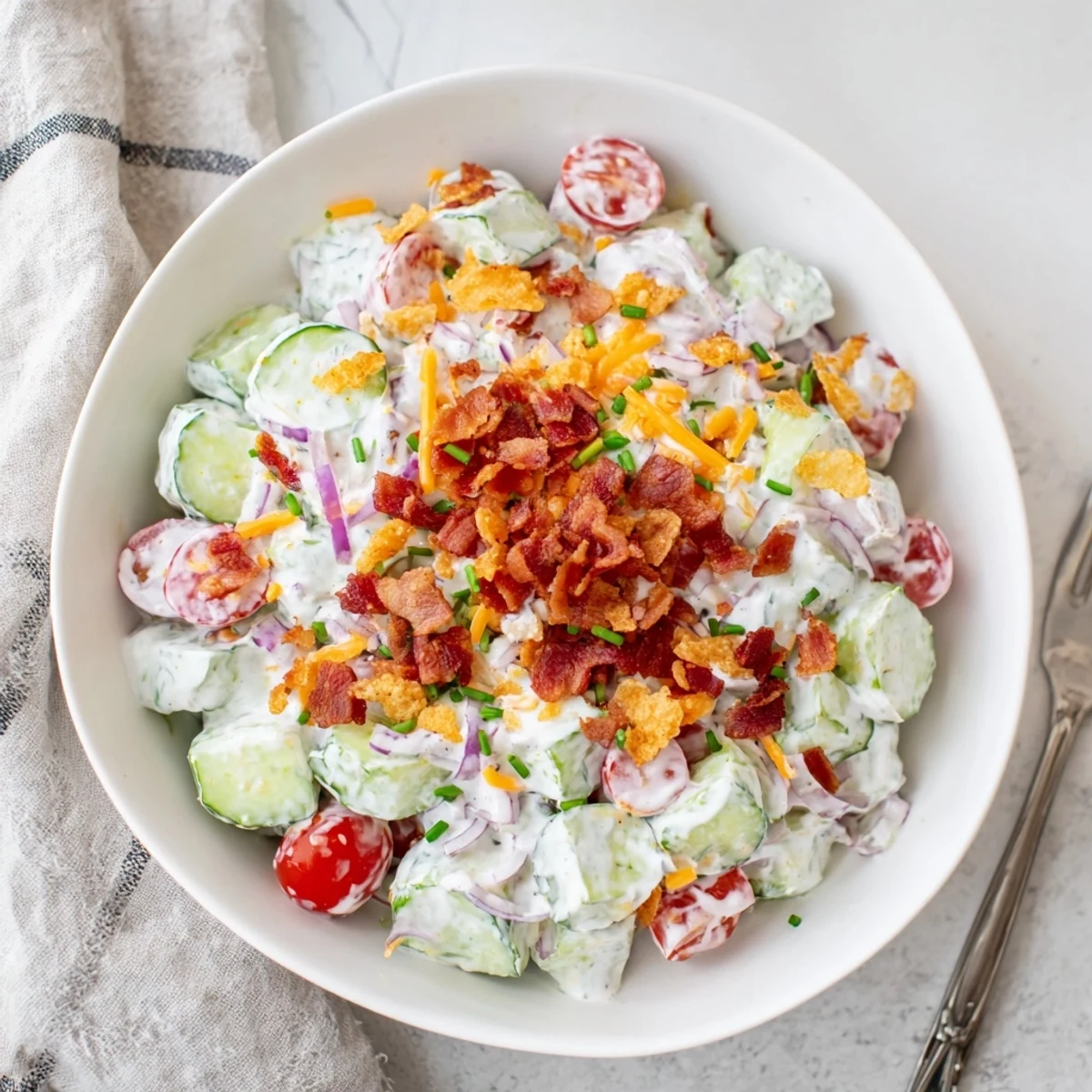 Chilled Cucumber Ranch Crack Salad Recipe Delight piled high, garnished with chives.