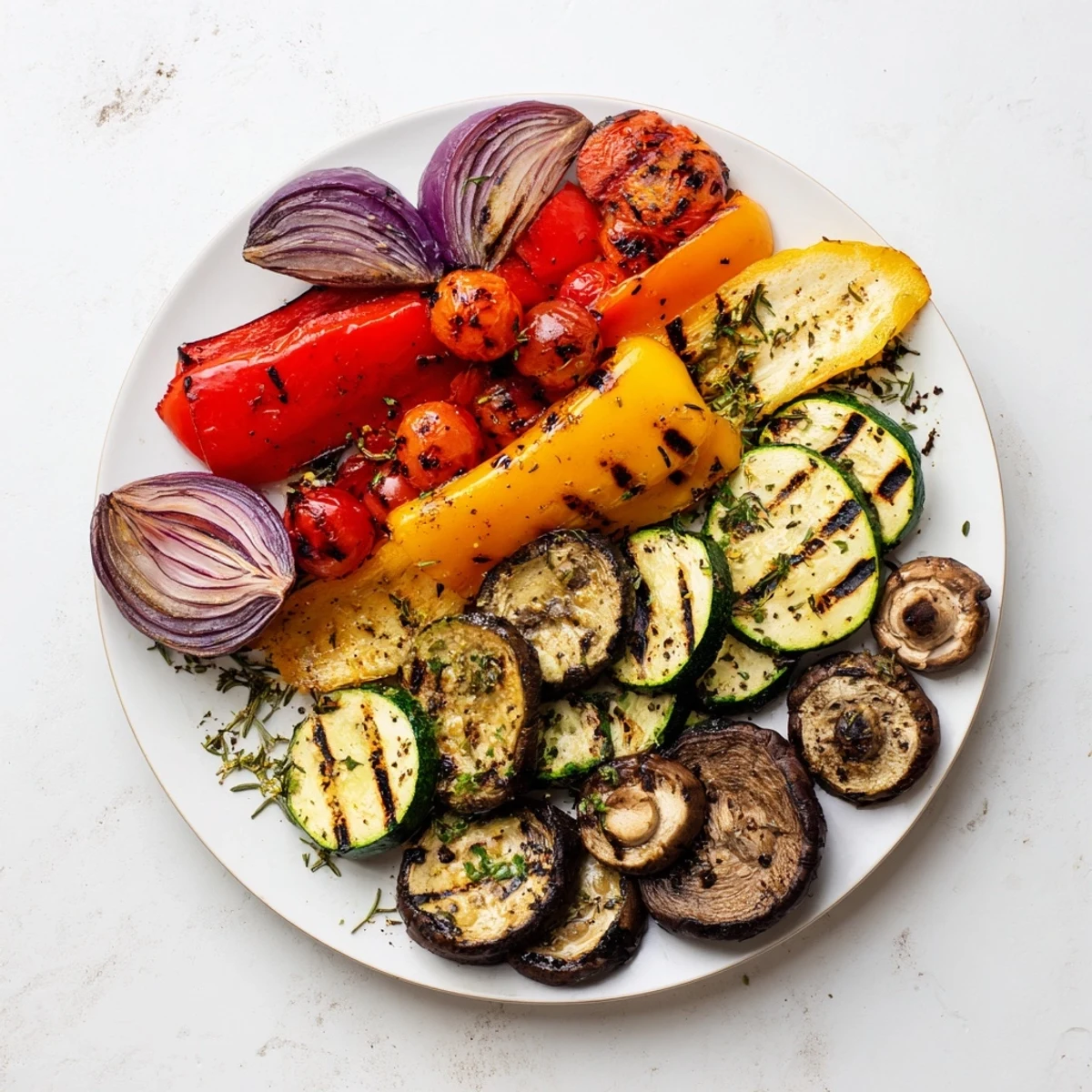 Colorful BBQ grilled vegetables marinated in herbs and char-grilled to tender perfection on skewers
