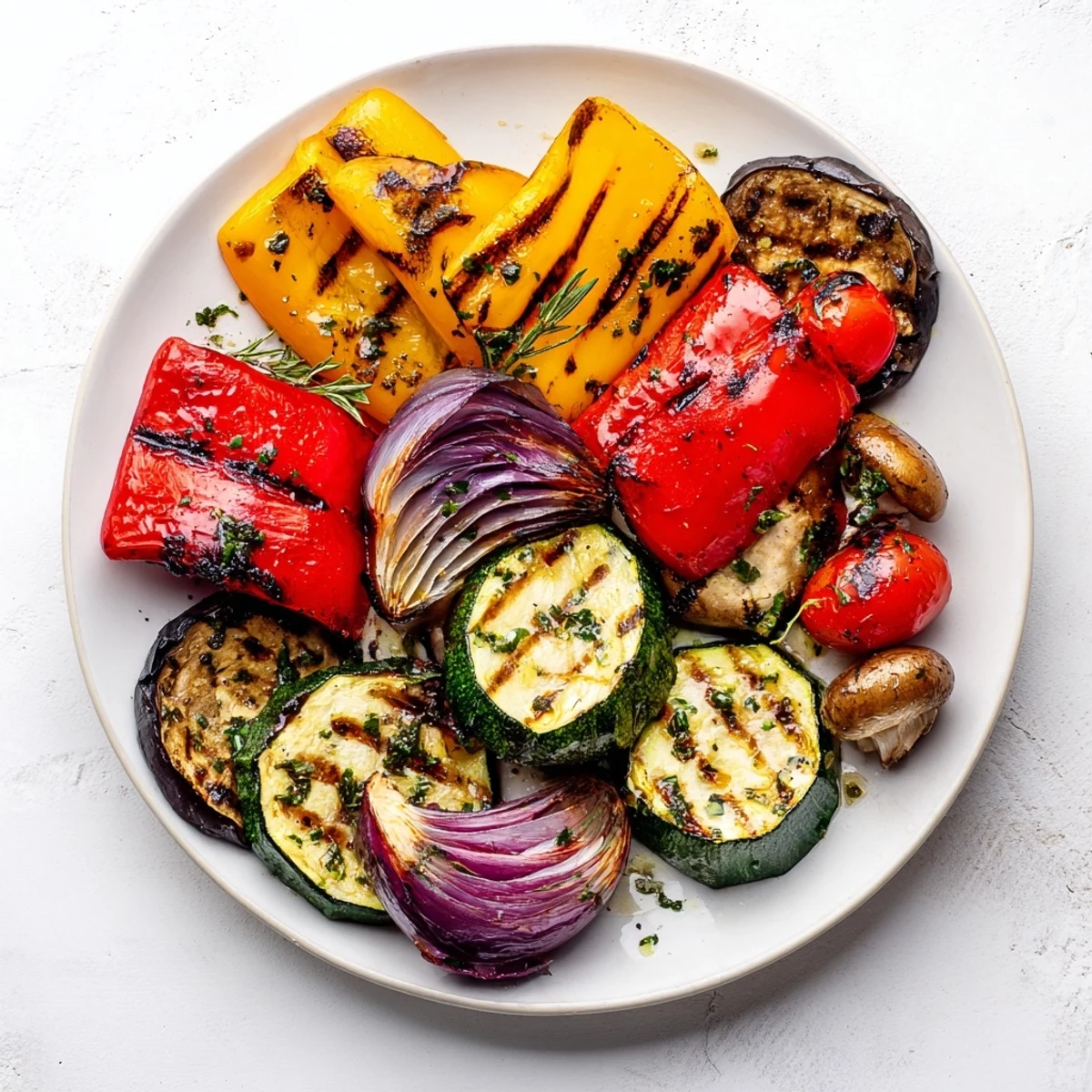 Fresh vegetables coated in zesty herb marinade, sizzling on the grill with beautiful char marks