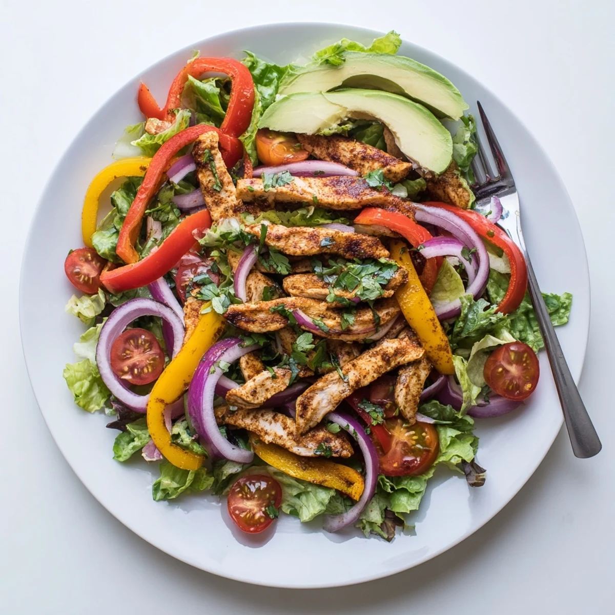 Colorful grilled chicken fajita salad bowl with sliced chicken breast, bell peppers, avocado, and fresh cilantro drizzled with lime dressing.